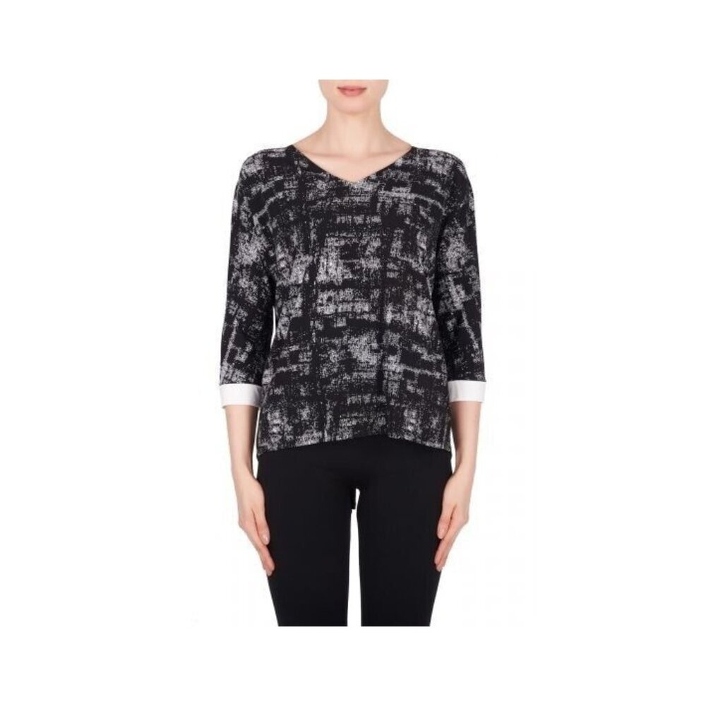 JOSEPH RIBKOFF 3/4 Sleeve Top Size 12 Black White Strap Shoulder Cuffs Stretchy